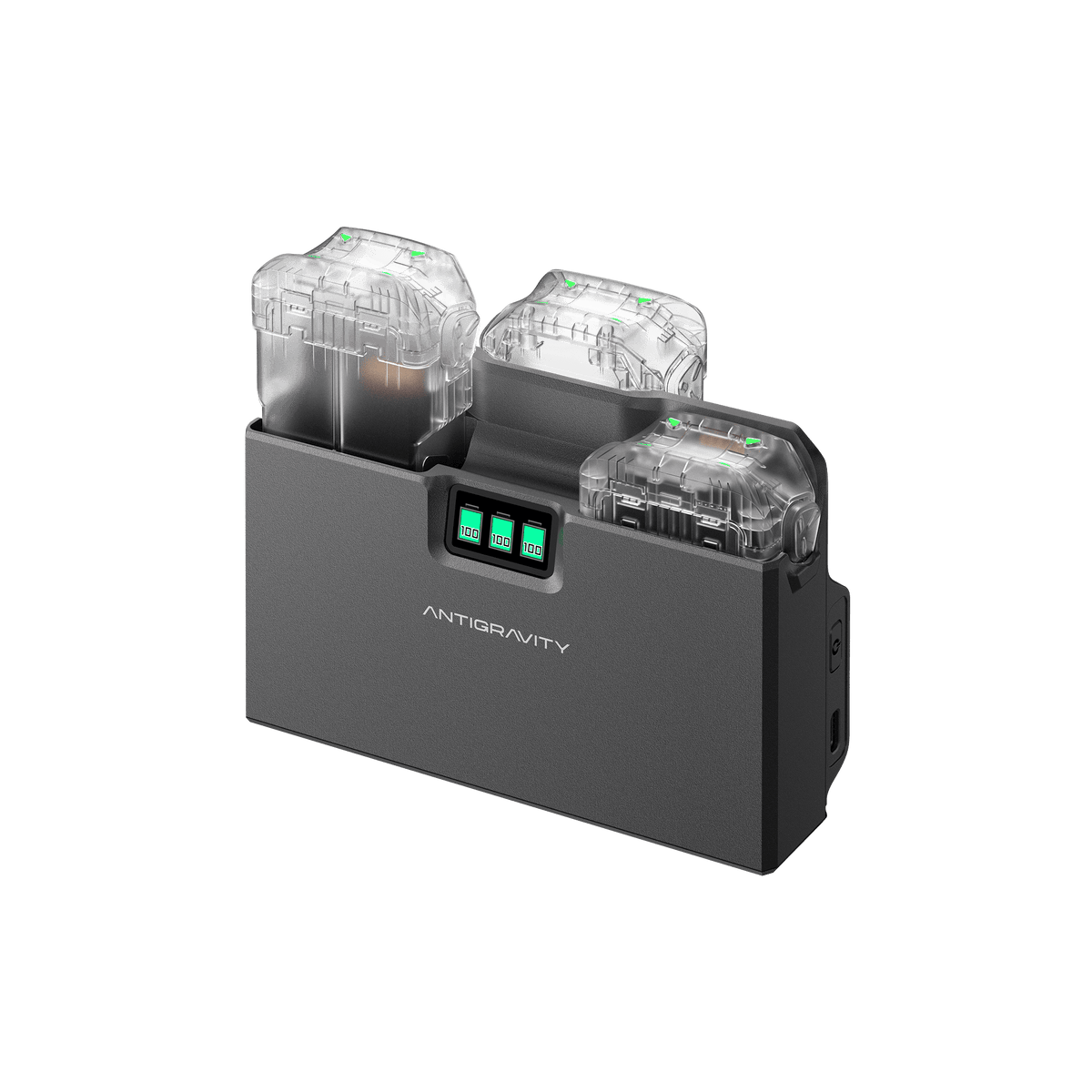 Antigravity A1 Charging Hub manufacturer illustration with flight batteries shown for use and sold separately