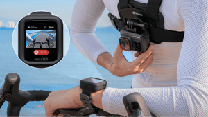 Wrist-mounted preview screen used beside a supported camera