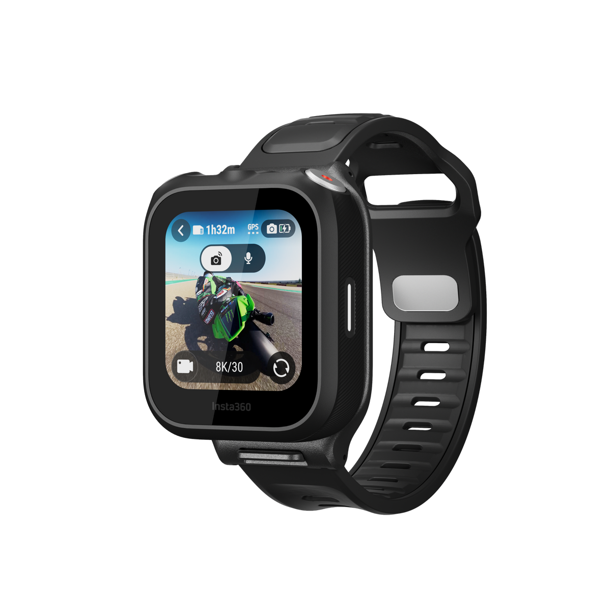 Insta360 GPS Preview Remote with Built-In Mic front view with wrist strap