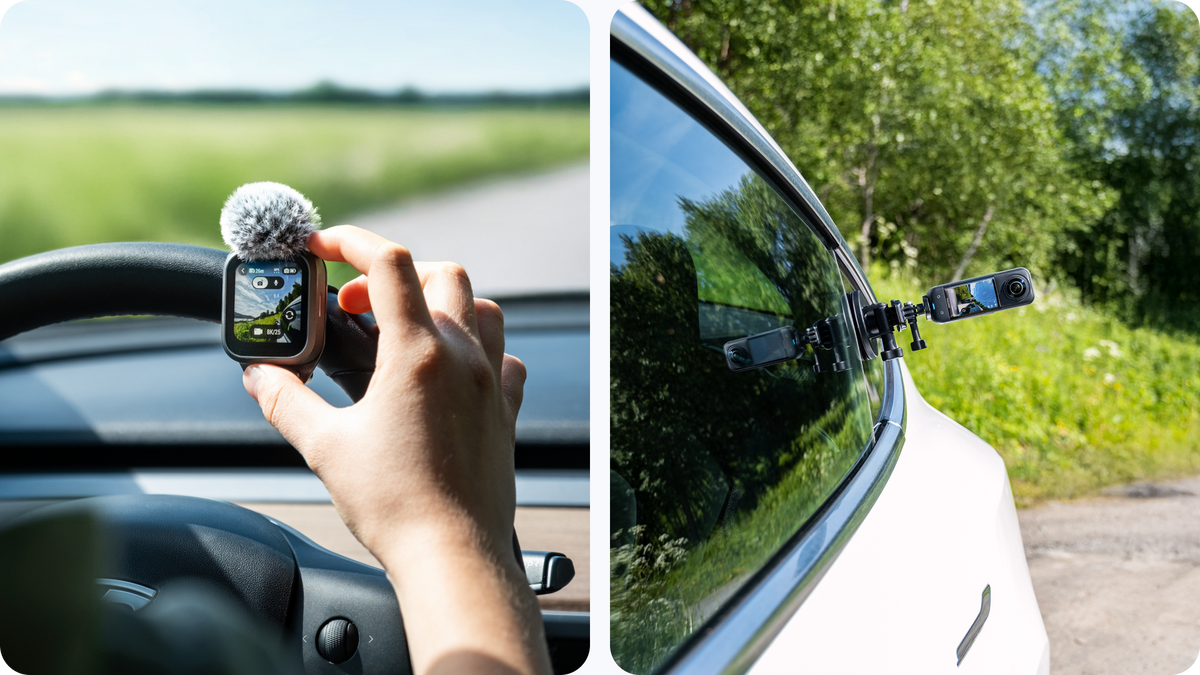 Insta360 GPS Preview Remote with Built-In Mic touchscreen preview in use