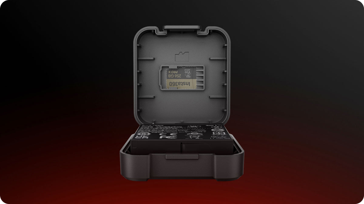 Insta360 Ace Pro 2 Battery included protective battery case with a memory card shown for illustration, card sold separately