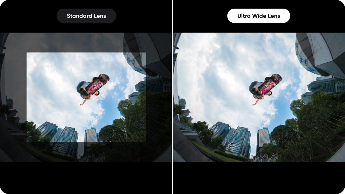 Insta360 Ace Pro 2 Ultra Wide Lens manufacturer comparison of standard and Ultra Wide Lens views under stated test conditions