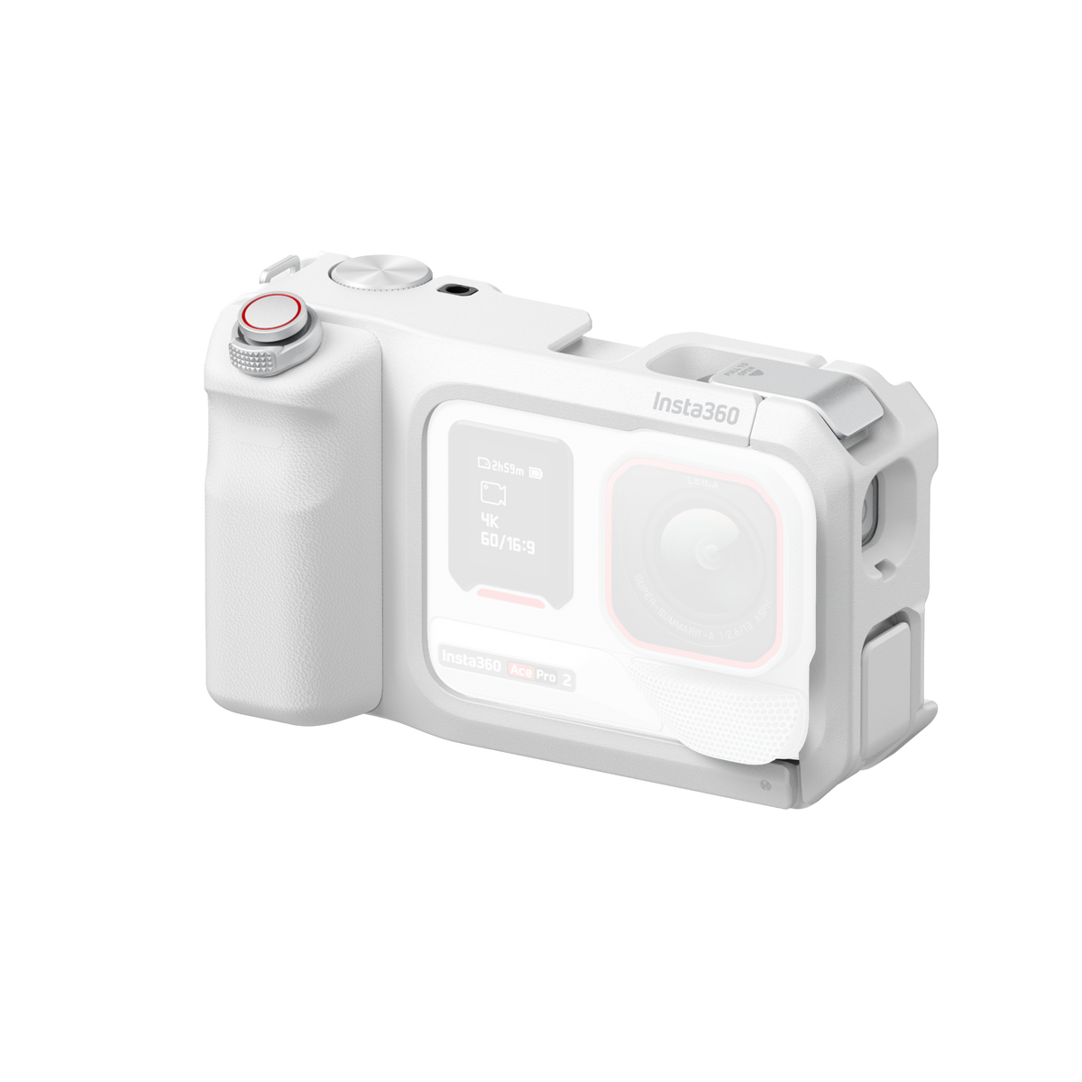Insta360 Ace Pro 2 Xplorer Grip Pro Kit White front view of the fitted grip frame with an illustrative camera, camera sold separately