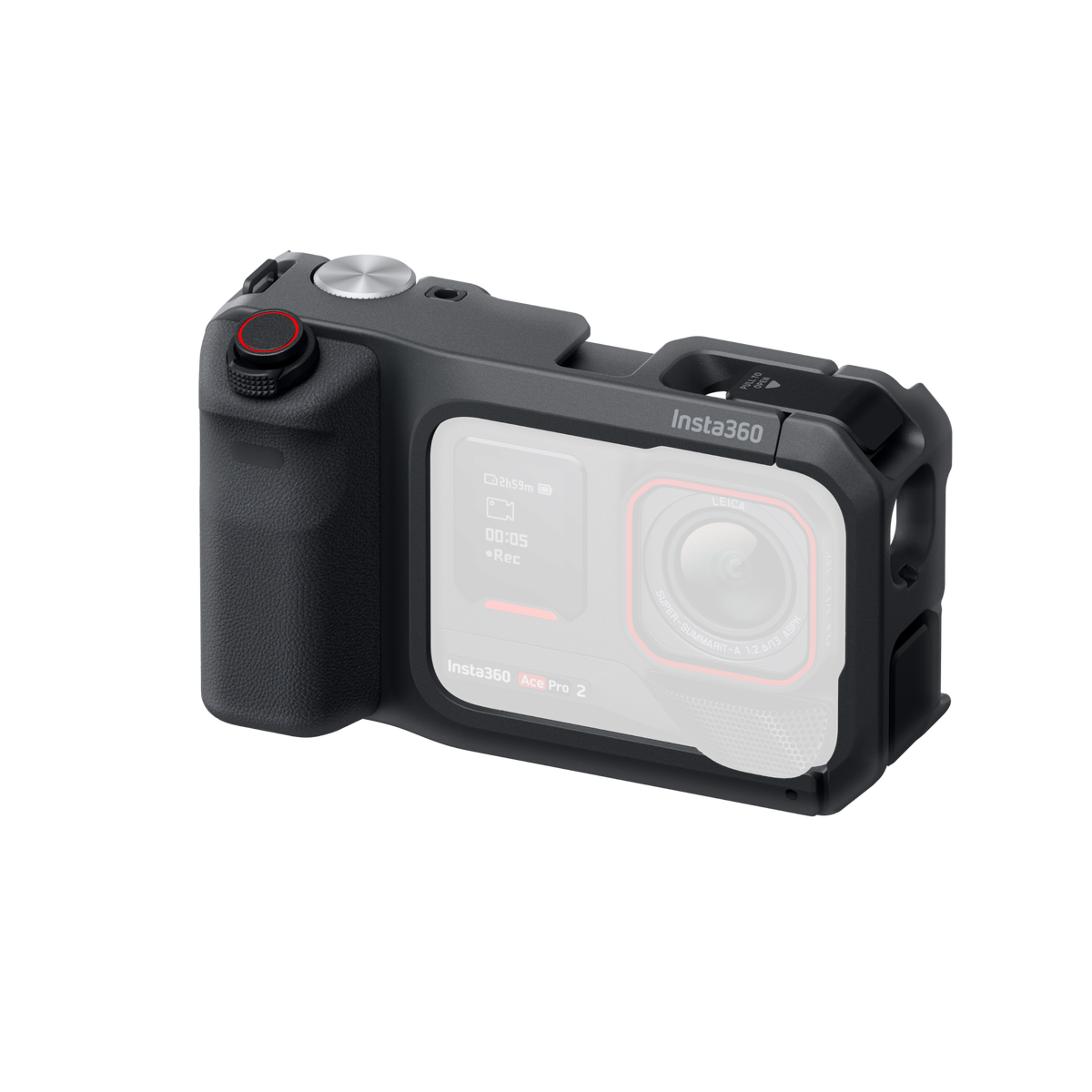 Insta360 Ace Pro 2 Xplorer Grip Pro Kit Black angled front view of the grip arrangement with an illustrative camera, camera sold separately