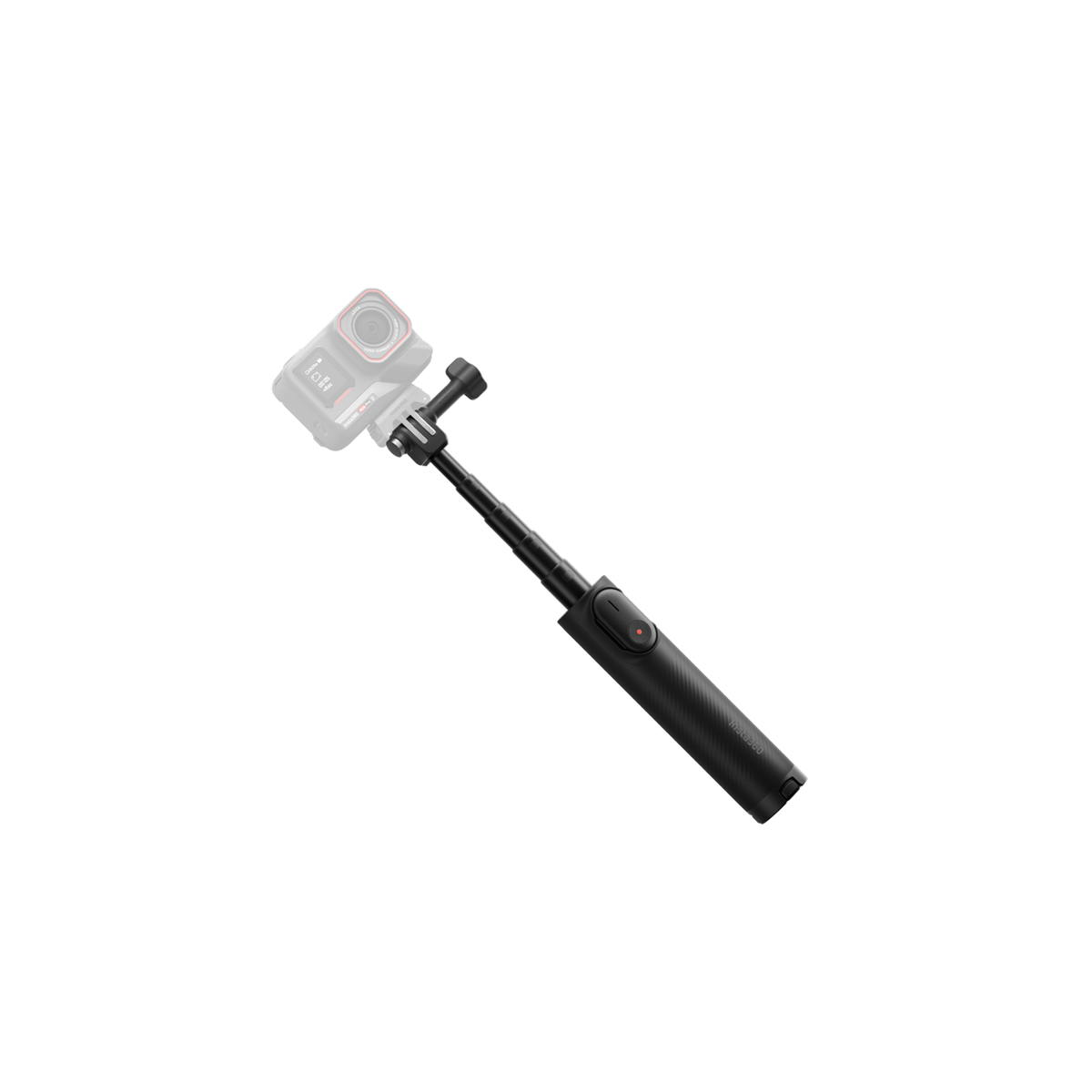 Black Mini 2-in-1 Tripod 2.0 held as a selfie stick with illustrative camera