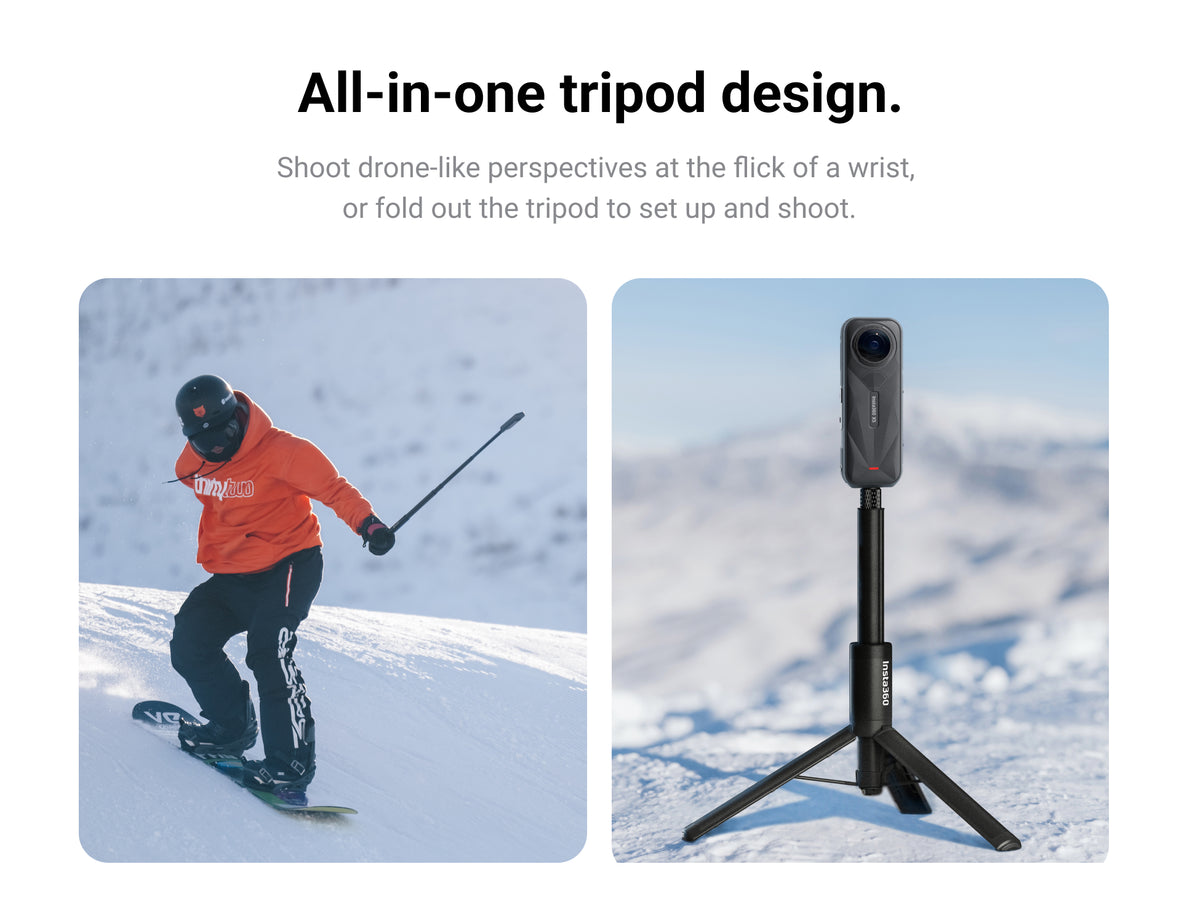 Insta360 2-in-1 Invisible Selfie Stick and Tripod manufacturer use illustration 2; camera and other illustrated equipment sold separately