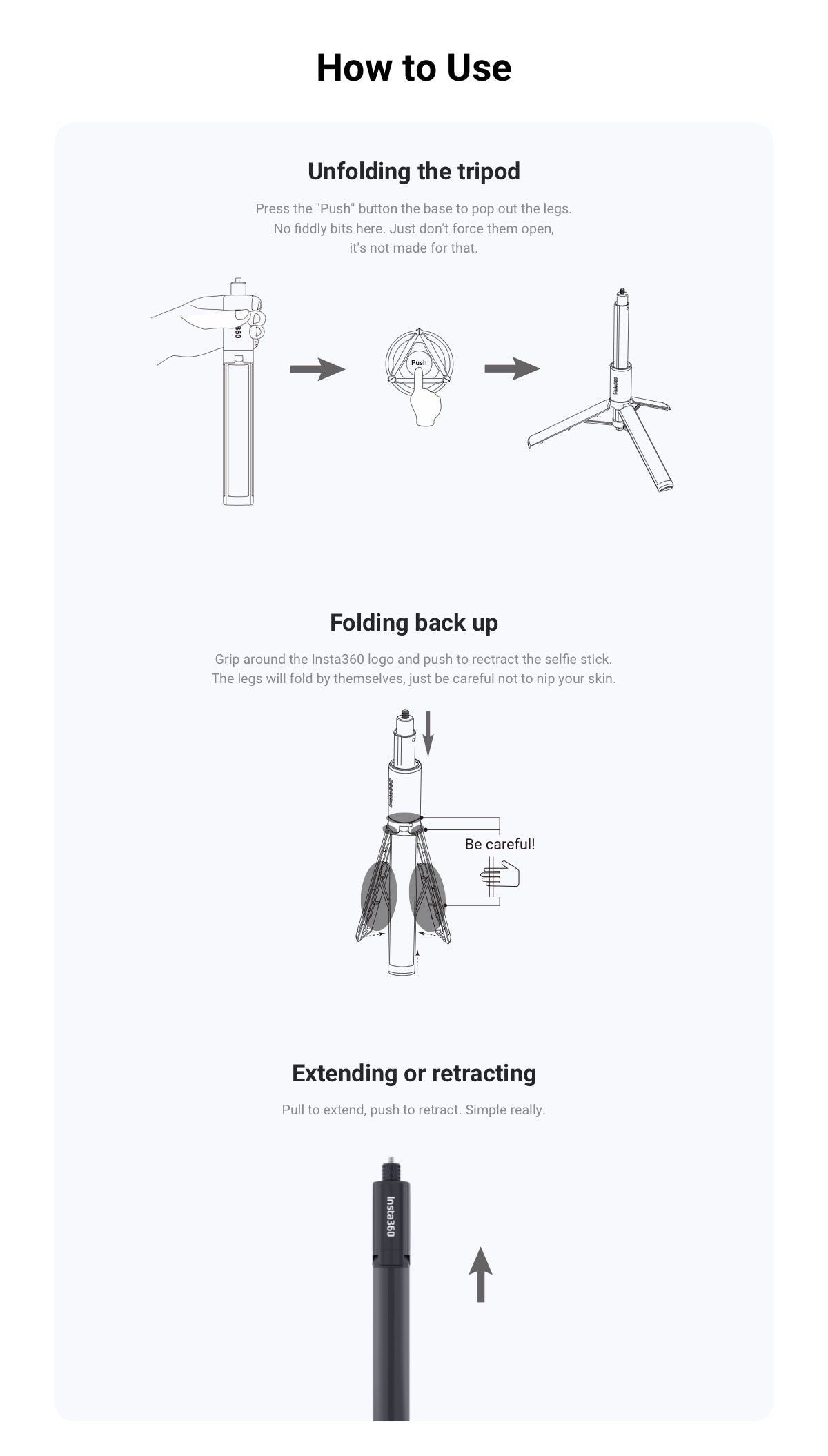 Insta360 2-in-1 Invisible Selfie Stick and Tripod manufacturer use illustration 5; camera and other illustrated equipment sold separately