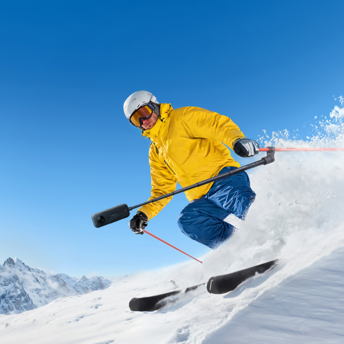 Insta360 Ski Pole Mount official product view 2; camera, ski pole and selfie stick shown separately