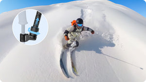 Insta360 Ski Pole Mount manufacturer use and feature illustration 6; camera, ski pole and selfie stick shown separately
