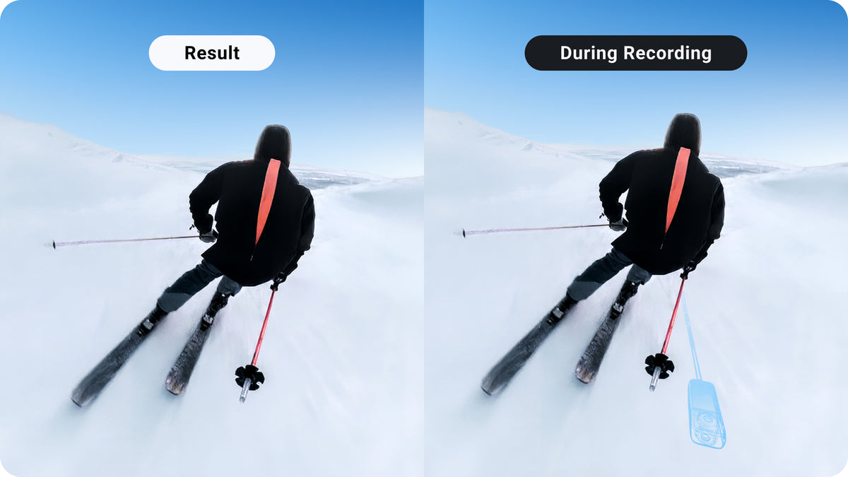Insta360 Ski Pole Mount manufacturer use and feature illustration 4; camera, ski pole and selfie stick shown separately