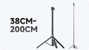Eight-section tripod height adjustment illustrated from 38 to 200 cm