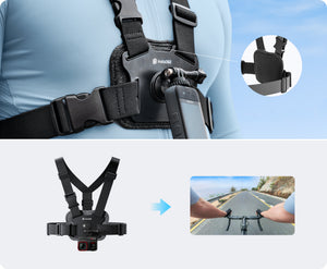 Insta360 Bike Kit padded Chest Strap and first-person cycling view examples, camera sold separately