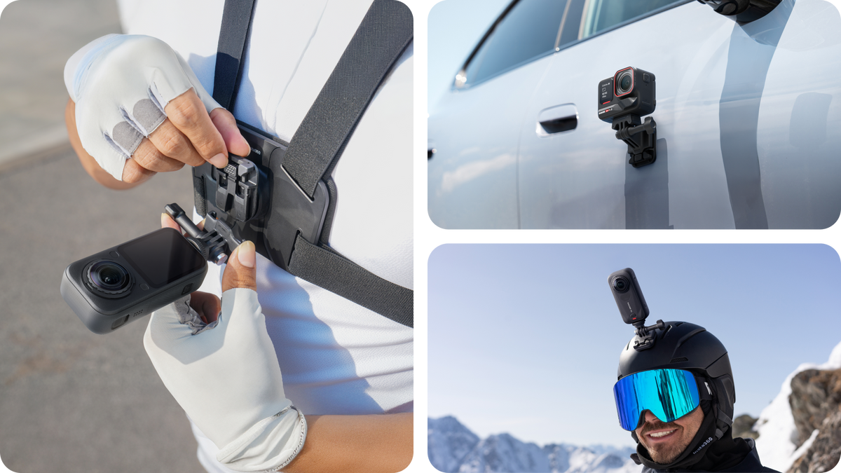 Insta360 Chest Strap 2.0 quick release and separate adhesive or magnetic base application examples