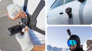 Insta360 Chest Strap 2.0 quick release and separate adhesive or magnetic base application examples