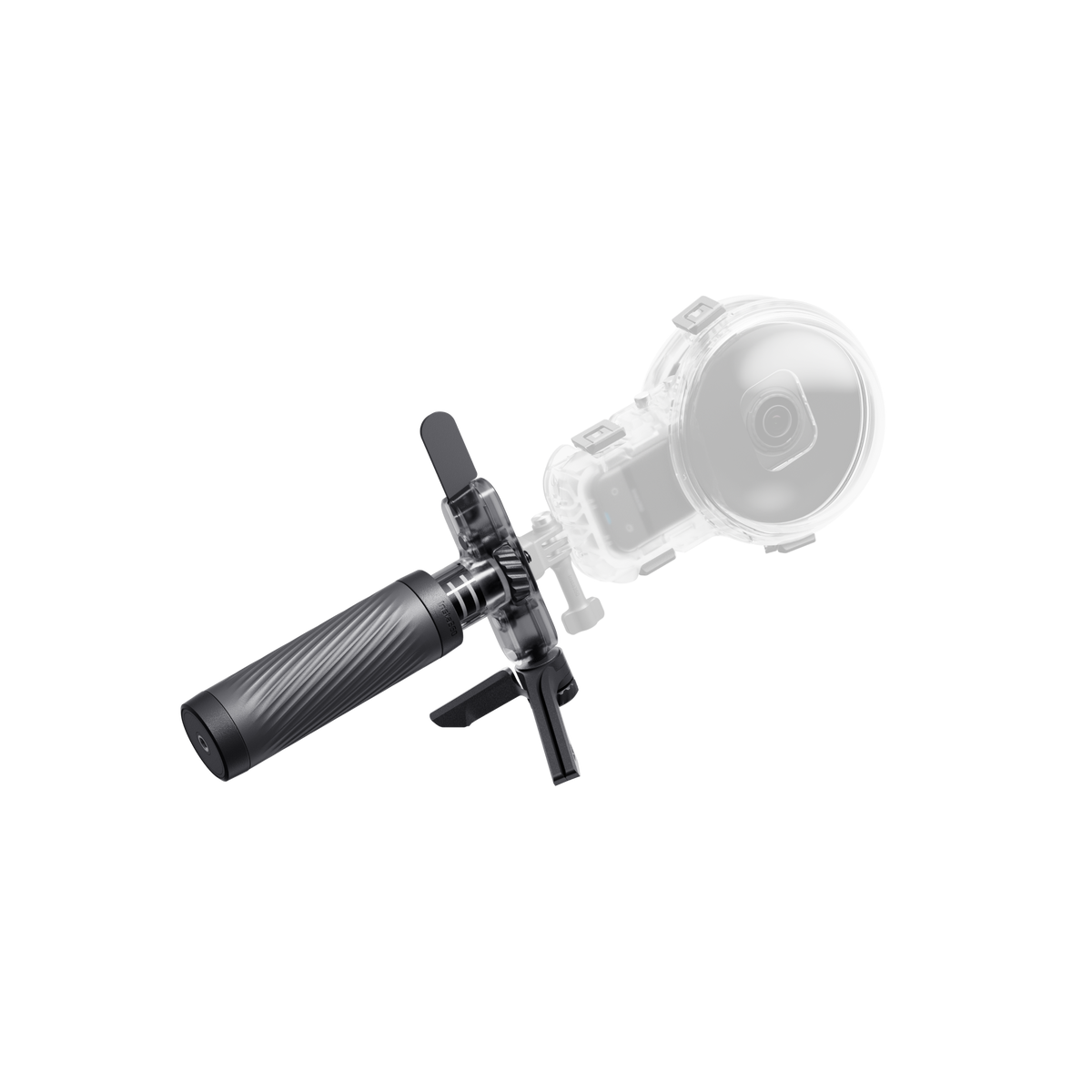 Insta360 Dive Buddy angled support and stabiliser fin with an illustrative camera case