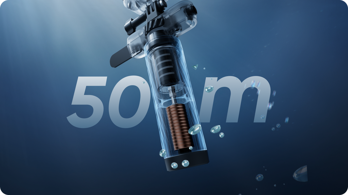 Insta360 Dive Buddy internal weight-plate and 50m-depth illustration