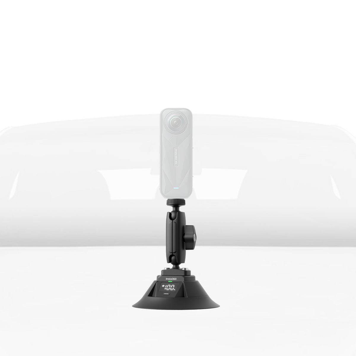 Insta360 Electric Suction Cup Mount mounting example with an illustrative camera and vehicle surface, camera sold separately