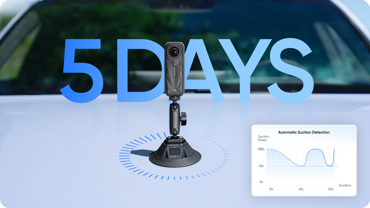 Insta360 Electric Suction Cup Mount manufacturer graphic showing conditional five-day mount runtime