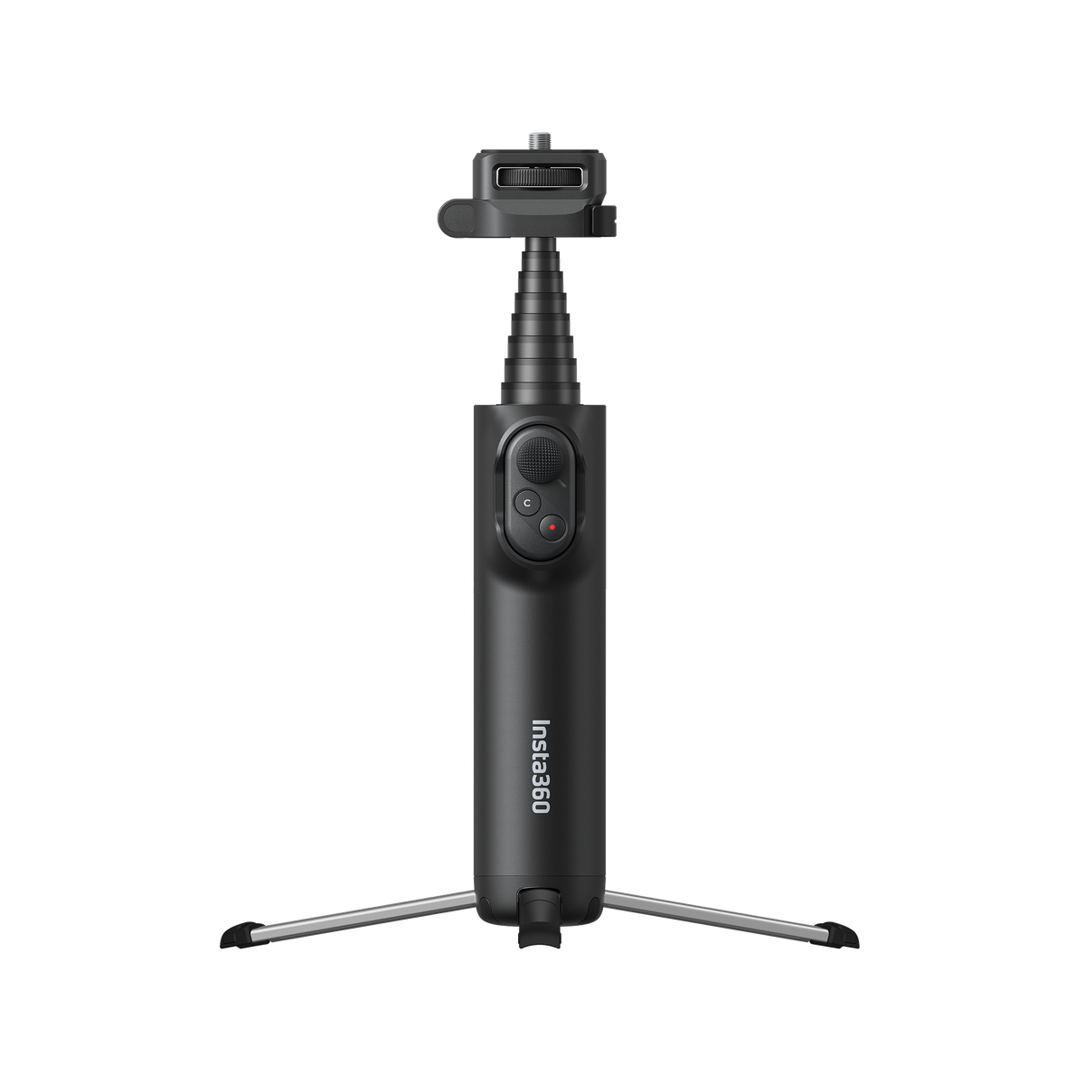 Insta360 Foldable Selfie Stick Remote Kit Extended Edition integrated tripod legs opened beneath the Smart Remote grip