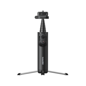 Insta360 Foldable Selfie Stick Remote Kit Extended Edition integrated tripod legs opened beneath the Smart Remote grip