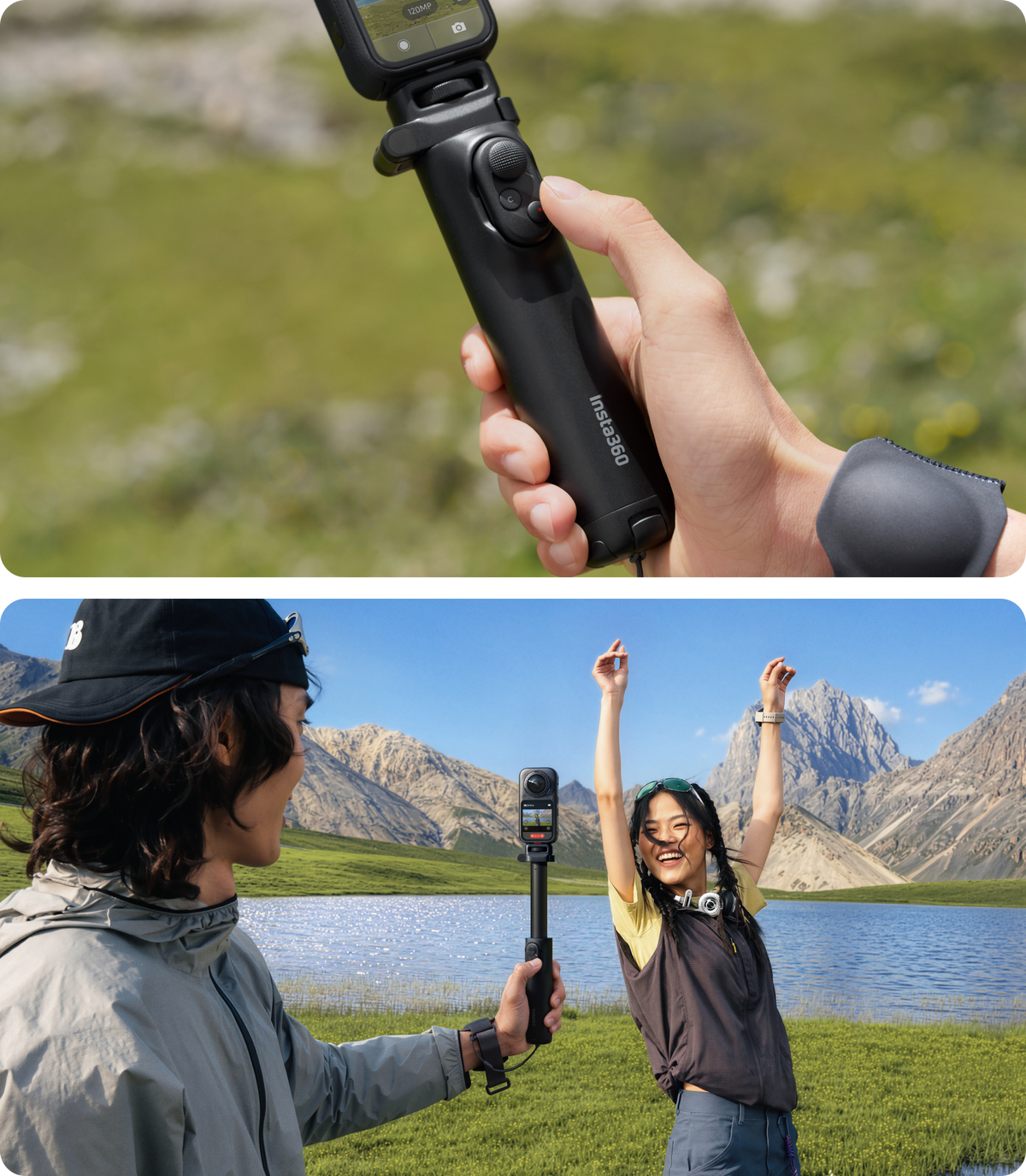 Insta360 Foldable Selfie Stick Remote Kit Extended Edition magnetic joystick control and manufacturer outdoor recording example