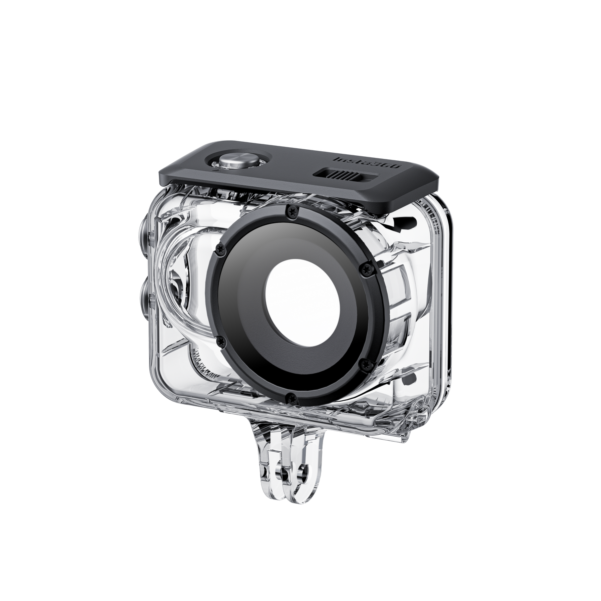 Insta360 GO 3/GO 3S Dive Case angled front view of the empty case and buckle