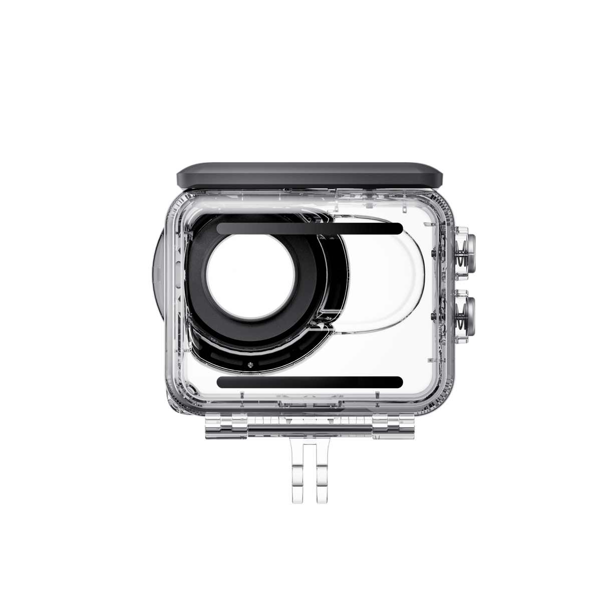 Insta360 GO 3/GO 3S Dive Case rear view of the empty housing and optical window