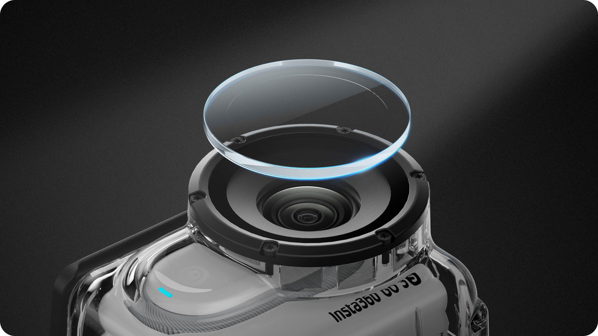 Insta360 GO 3/GO 3S Dive Case hydrophobic optical glass window detail with an illustrative camera