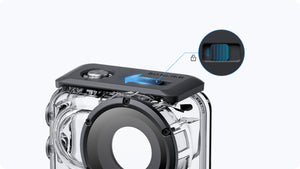 Insta360 GO 3/GO 3S Dive Case sliding buckle-lock mechanism close-up