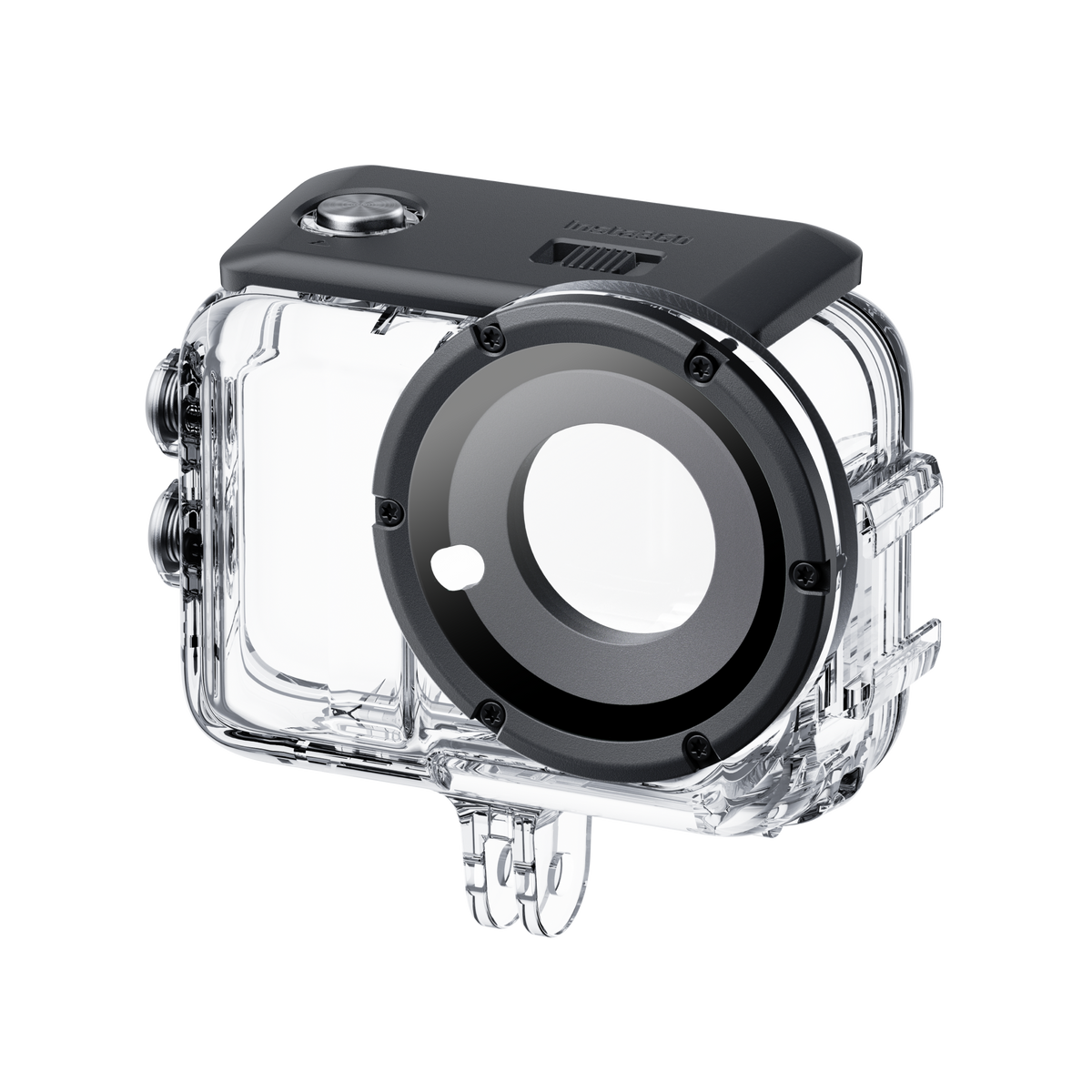 Insta360 GO Ultra Dive Case angled view of the empty housing and glass window
