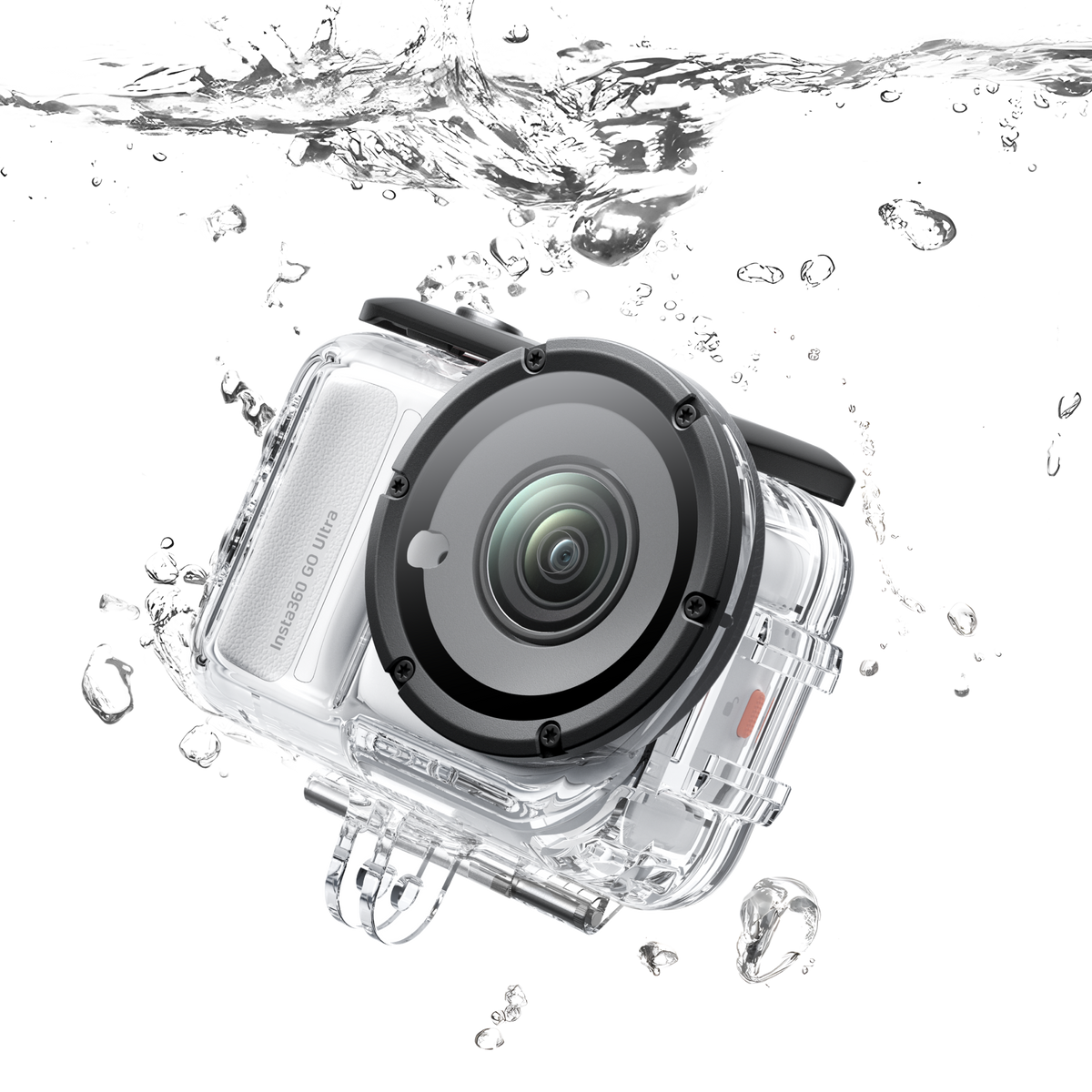 Insta360 GO Ultra Dive Case housing with an illustrative camera and water-splash effect, camera sold separately