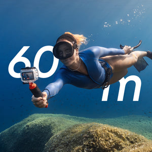 Insta360 GO Ultra Dive Case manufacturer diving application illustrating the 60m limit, camera and grip sold separately