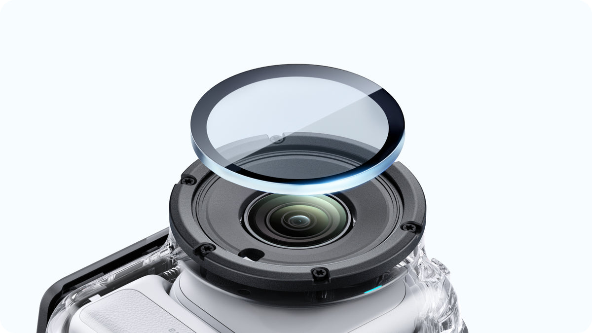 Insta360 GO Ultra Dive Case hydrophobic glass optical-window detail, camera shown for illustration
