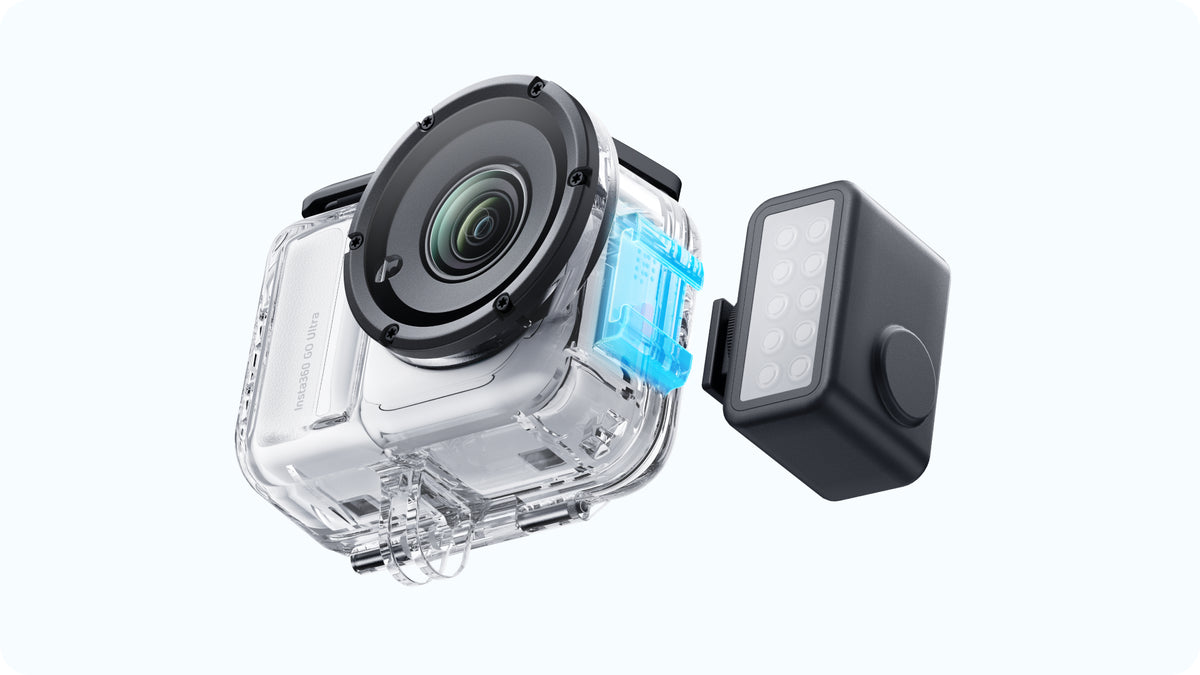 Insta360 GO Ultra Dive Case cold-shoe light connection example, light and camera sold separately