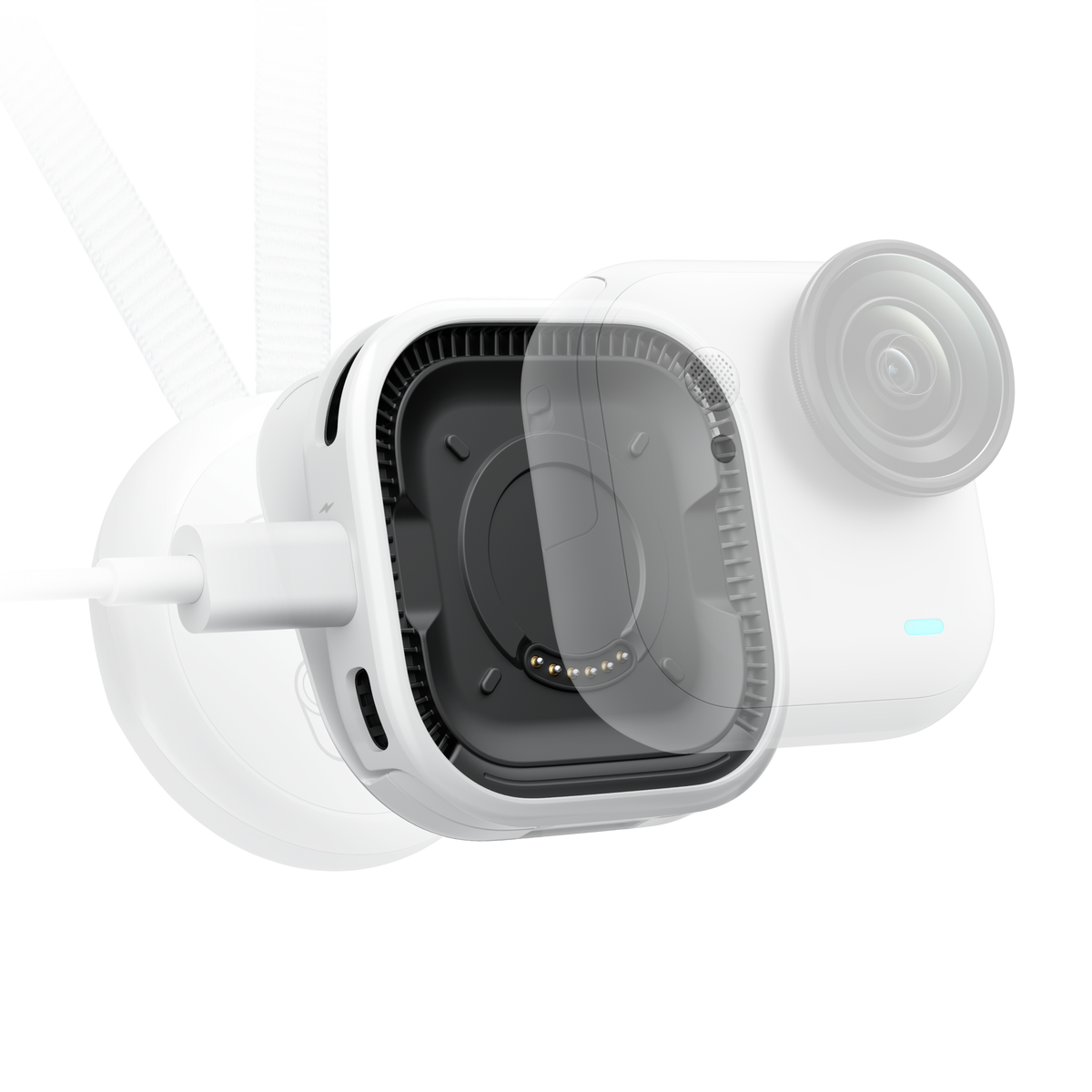 Insta360 GO Ultra FOMO Flexi Mount camera fitted to the mount for illustration, camera and power lead shown