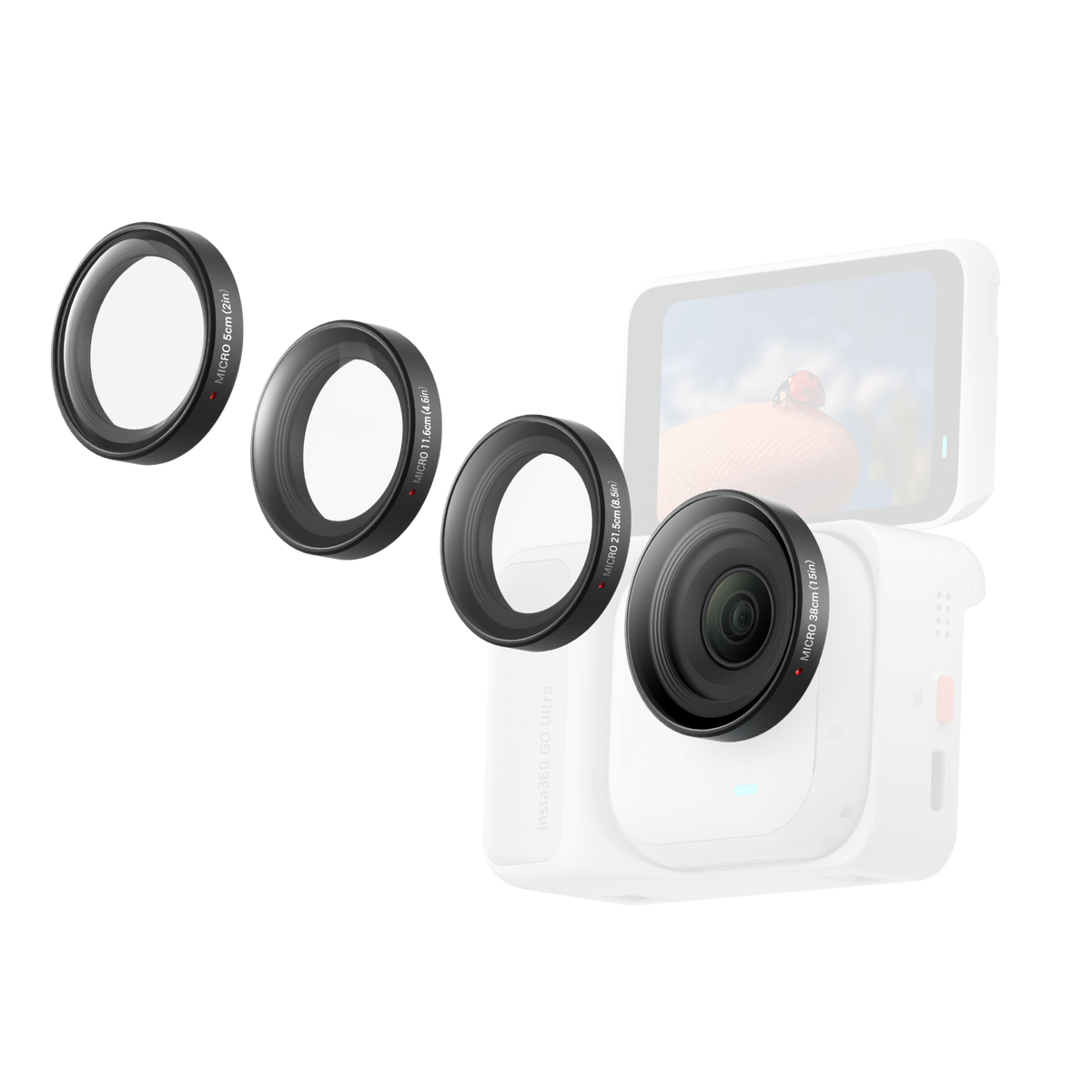 Insta360 GO Ultra Micro Lens Kit four-lens arrangement with an illustrative camera and Action Pod, camera and Pod sold separately