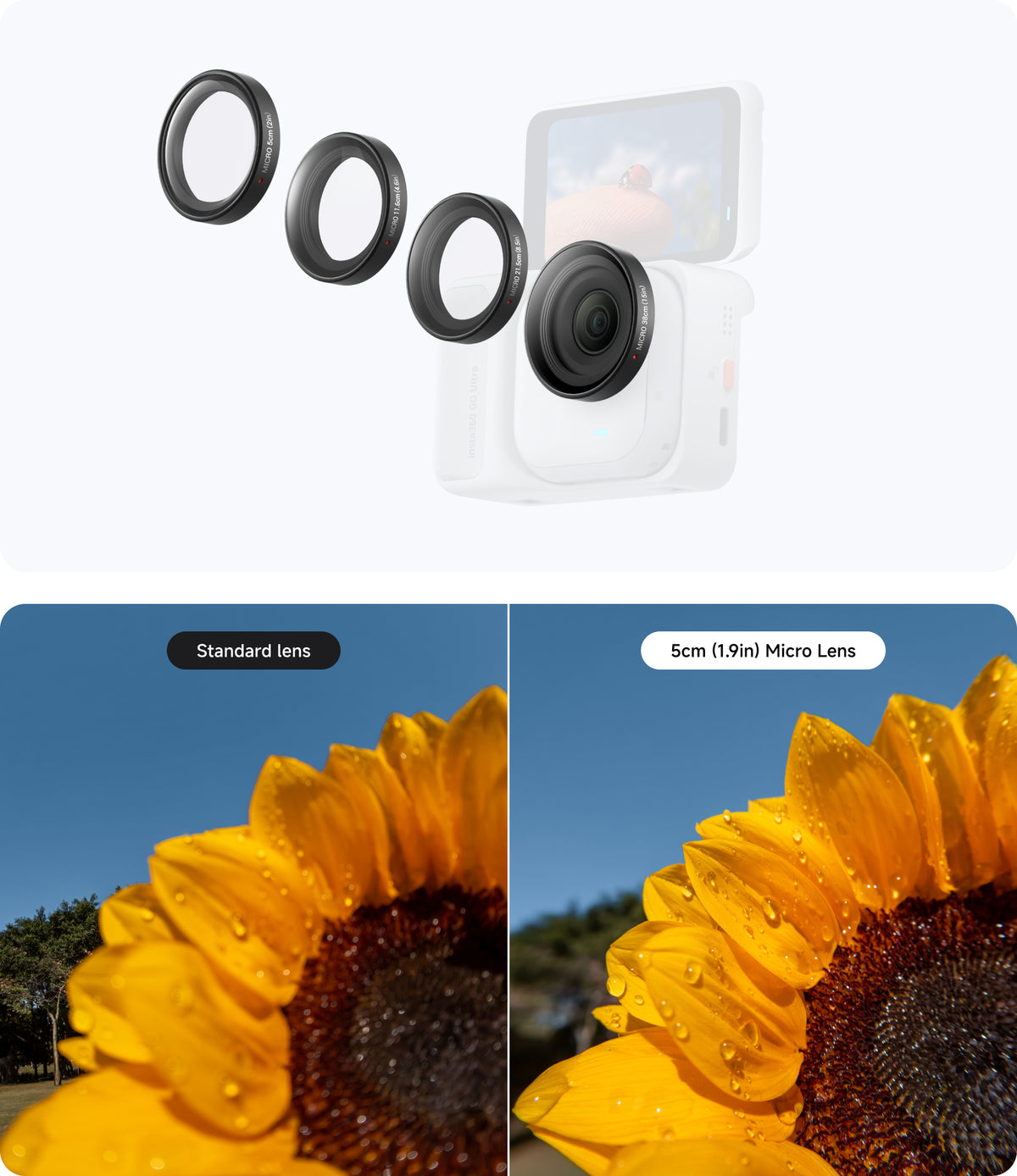 Insta360 GO Ultra Micro Lens Kit manufacturer comparison of standard and close-up framing