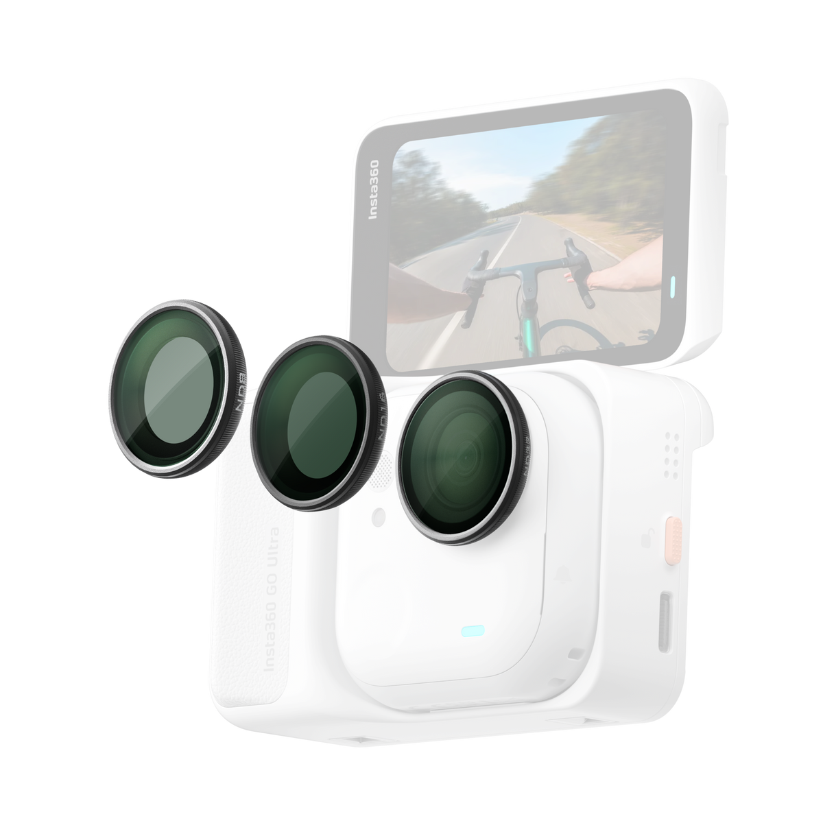Insta360 GO Ultra ND Filter Set three filters with an illustrative GO Ultra camera and Action Pod, camera and Pod sold separately