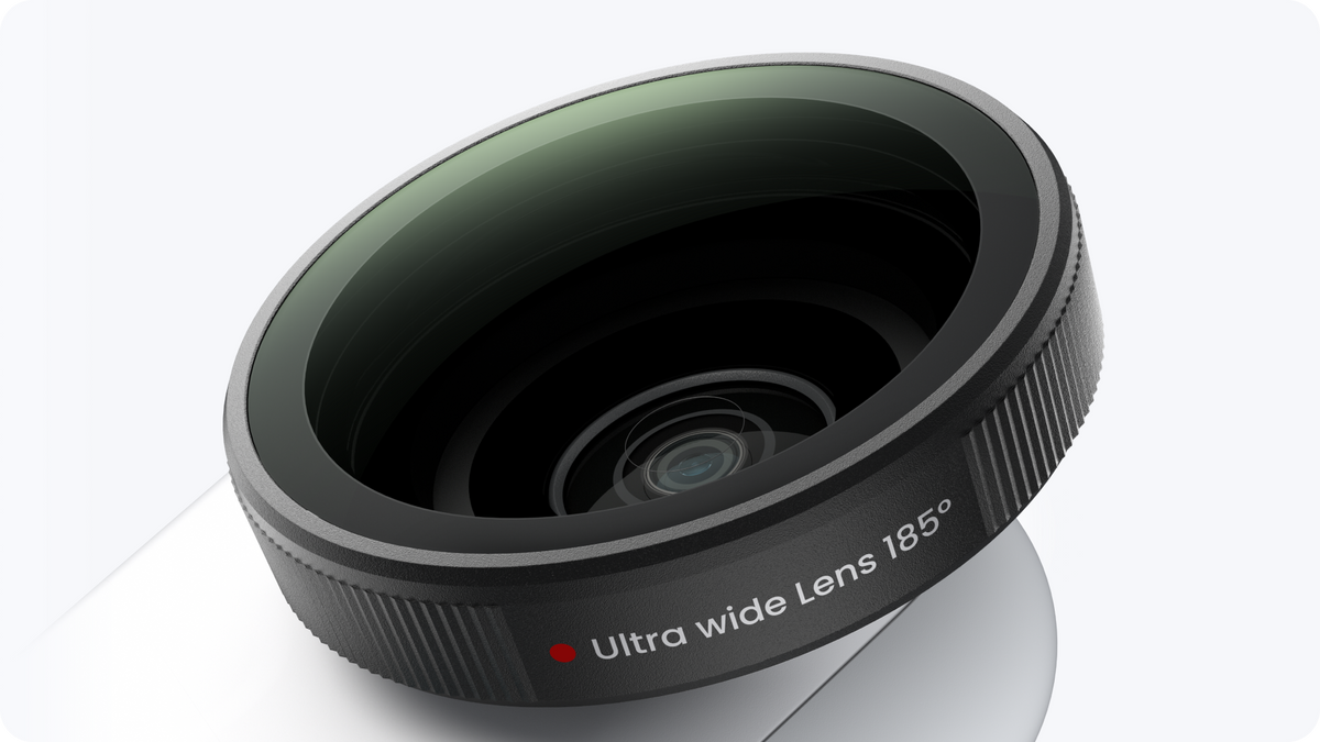 Insta360 GO Ultra Wide Lens close-up view of the threaded lens fitted to an illustrative GO Ultra camera