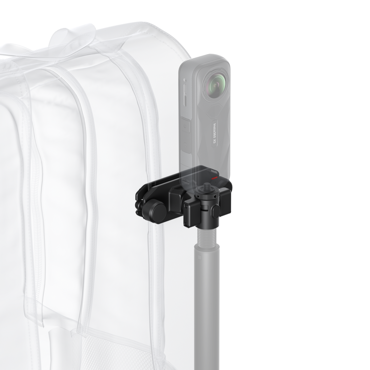 Insta360 Magnetic Selfie Stick Holster backpack-strap mounting example with illustrative camera and stick