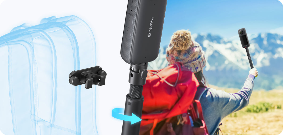 Insta360 Magnetic Selfie Stick Holster quick-release carrying and recording workflow illustration