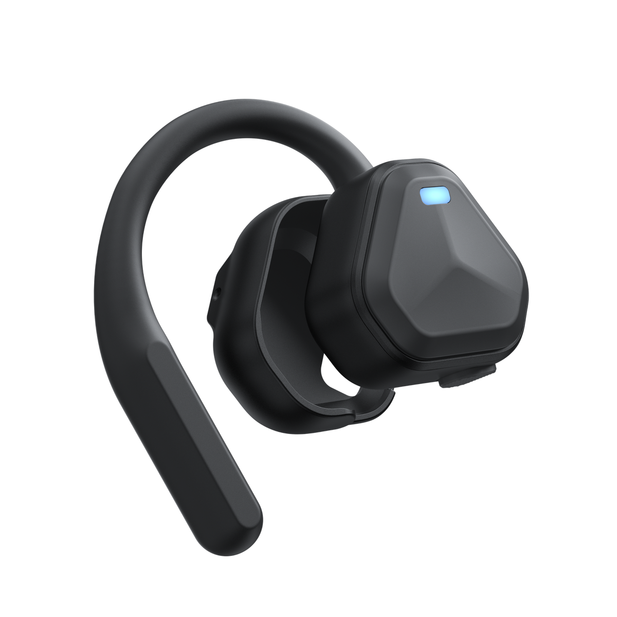 Insta360 POV Head Tracker tracker fitted to the right-ear mount, angled view