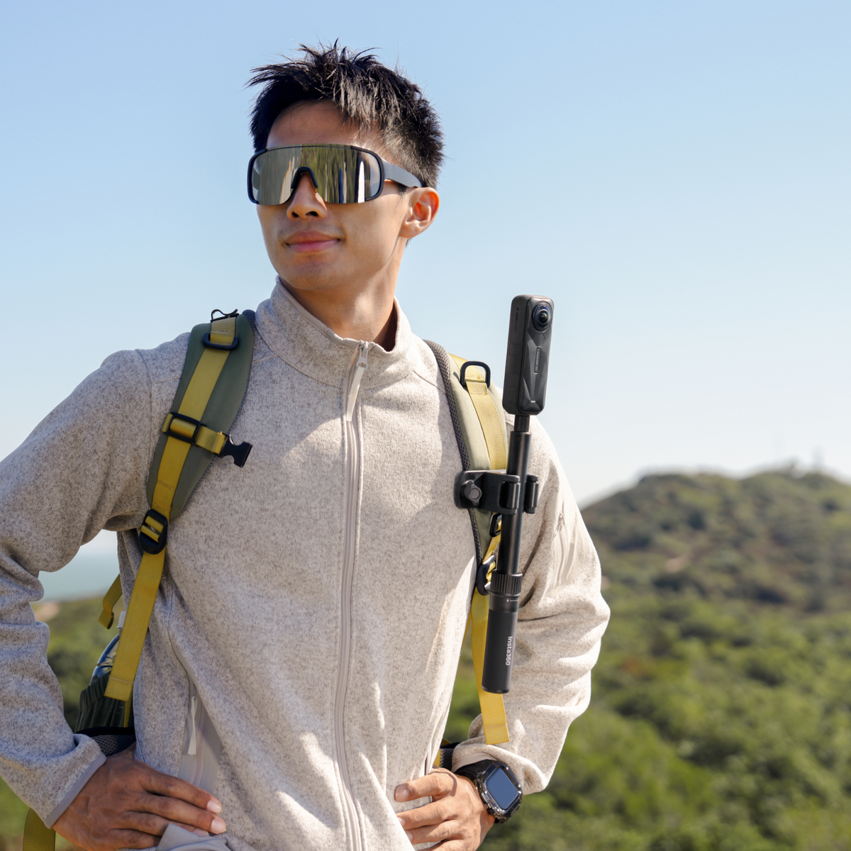 Insta360 Selfie Stick Holster manufacturer backpack carrying example, camera and stick sold separately