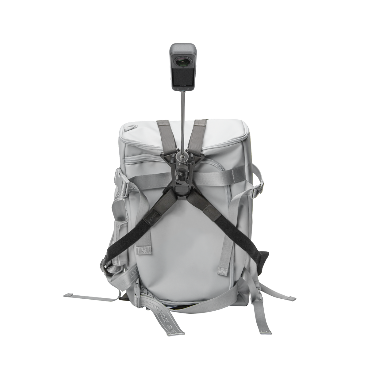 Insta360 Third-Person Backpack Mount mount fitted to an illustrative backpack and camera, both sold separately