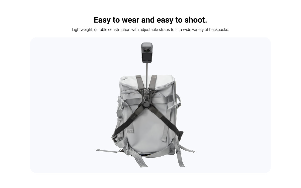 Insta360 Third-Person Backpack Mount adjustable straps fitted to an illustrative backpack and camera, both sold separately