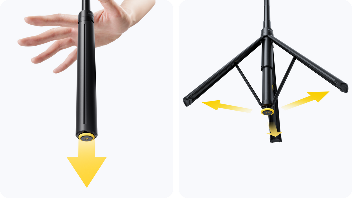 Insta360 Throwpod controlled low-height tripod deployment illustration