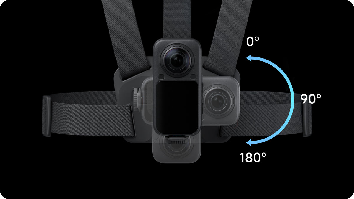 Insta360 X Series POV Chest Mount 2.0 manufacturer graphic showing camera-angle adjustment