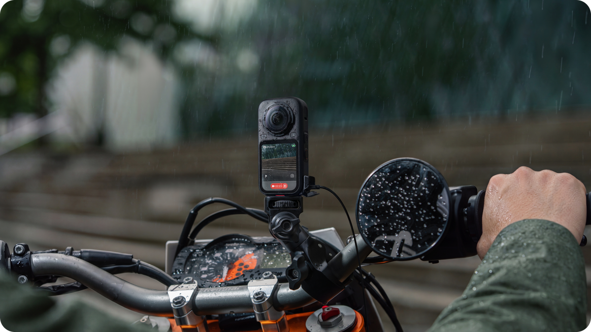 Insta360 X6 All-Weather USB Charging Cover rainy-weather powered recording example on a motorcycle
