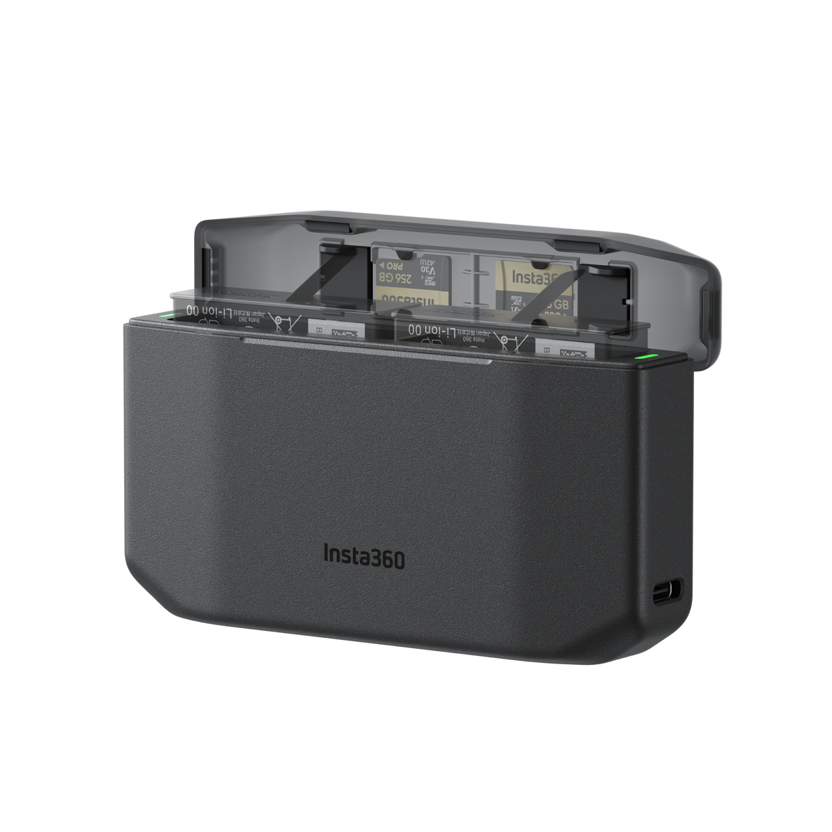 Insta360 X6 Fast Charge Case open charging case showing the battery compartments