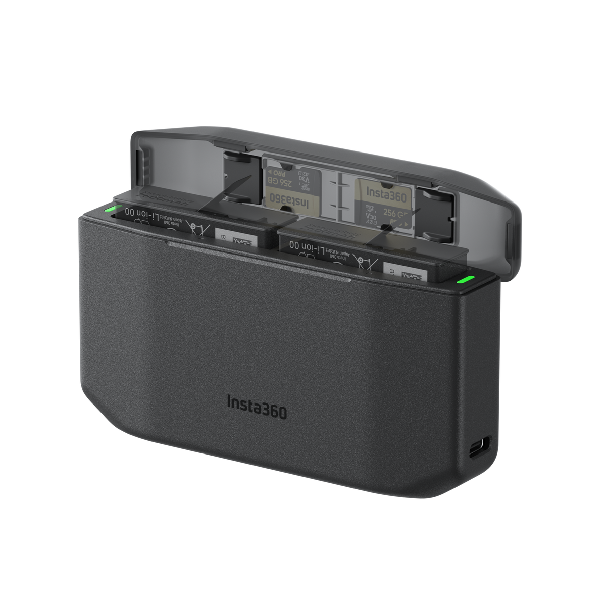 Insta360 X6 Fast Charge Case angled view of the open charging case